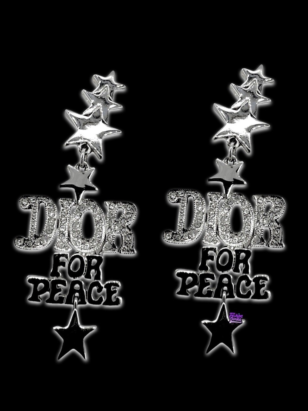 Vintage Christian Dior 70’s Silver Diamanté Crystal Dior For Peace Logo Earrings - Picture 4 of 17